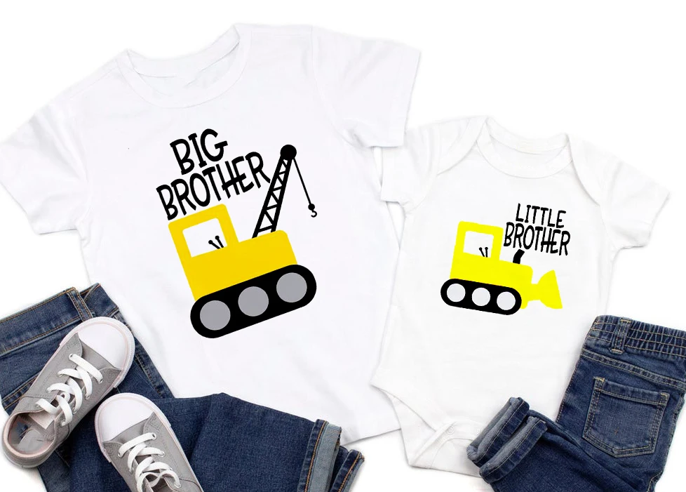 Camisa de cuello redondo para ni&ntilde;os, camisa de cuello redondo con dise&ntilde;o de Hermano y excavadora, ropa a juego para ni&ntilde;os-0
