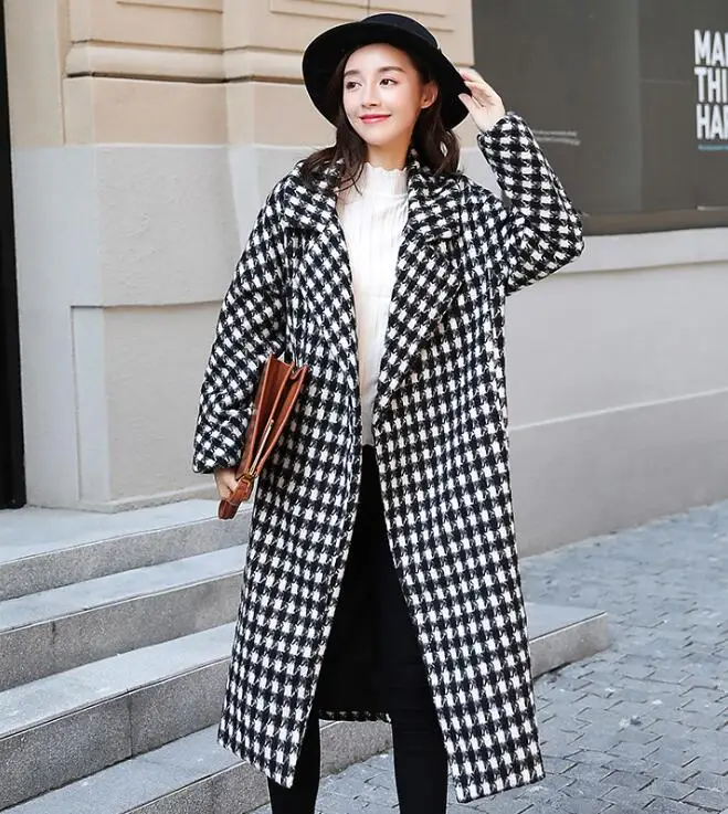 

Genuo Autumn & Winter New Black And White Houndstooth Coat Loose Over The Knee Long Section Thick Retro Plaid Woolen Coat
