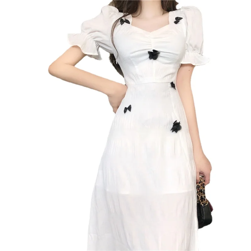 

Korean White Elegant Dress Women Short Sleeve Slim Kawaii Dress Party Evening for Female Office Lady 2021 Summer One Piece Dress