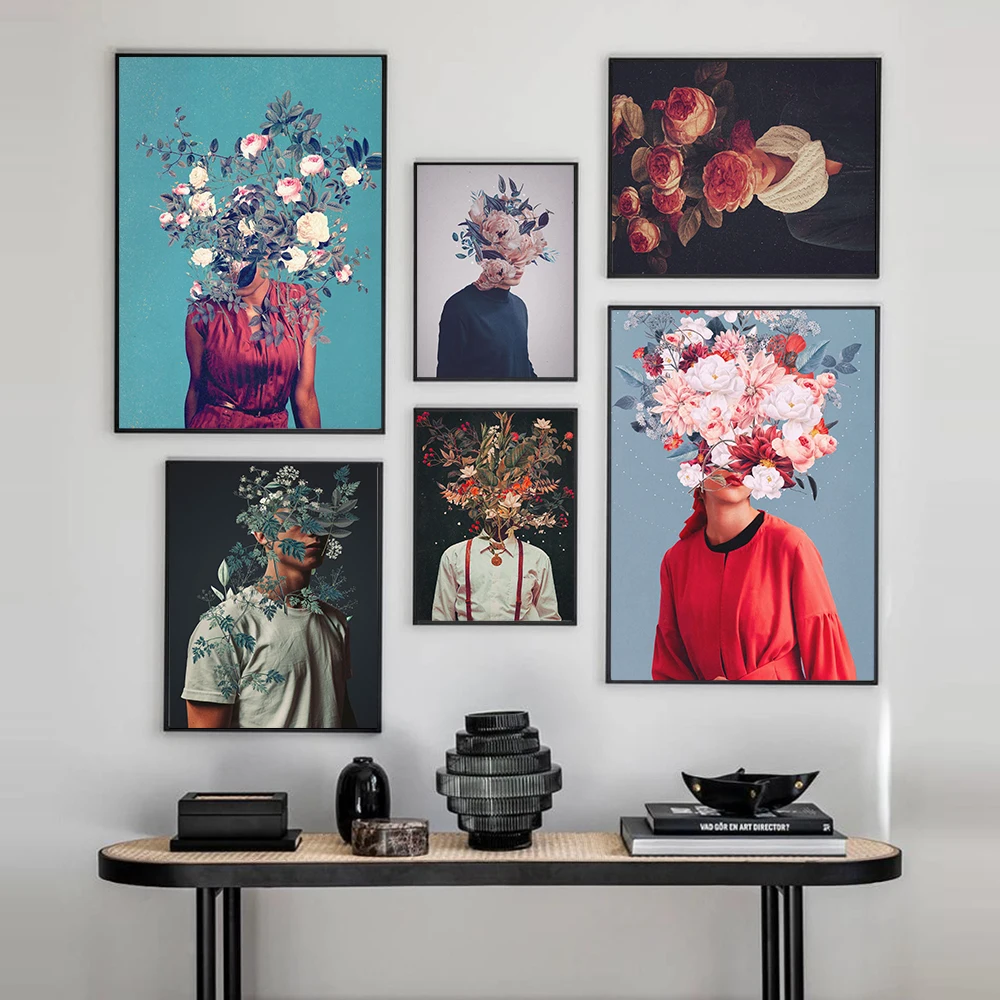 

Retro Fashion Figure Flower Headdress Wall Art Print Picture Womon Man Abstract Rose Head Nordic Canvas Poster Living Room Decor