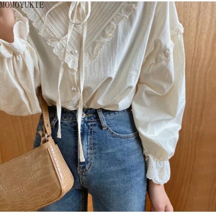 Женская винтажная блузка с длинным рукавом однотонная Свободная Повседневная