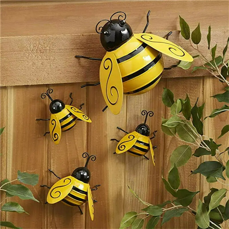 

4pcs Metal Art Bumble Bee Backyard Garden Wall Ornament Figurines Wall Home Hanging Garden Accents Yard Fence Art Ornament