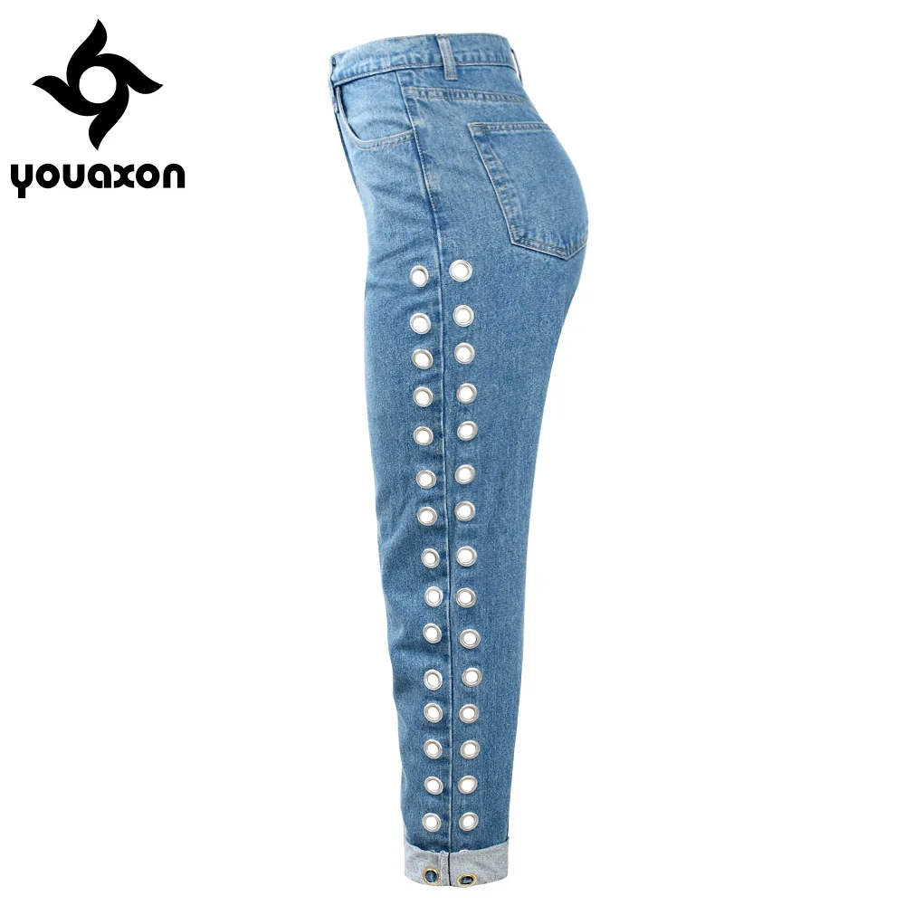 Джинсы Youaxon бойфренд с высокой талией медными отверстиями женские вечерние