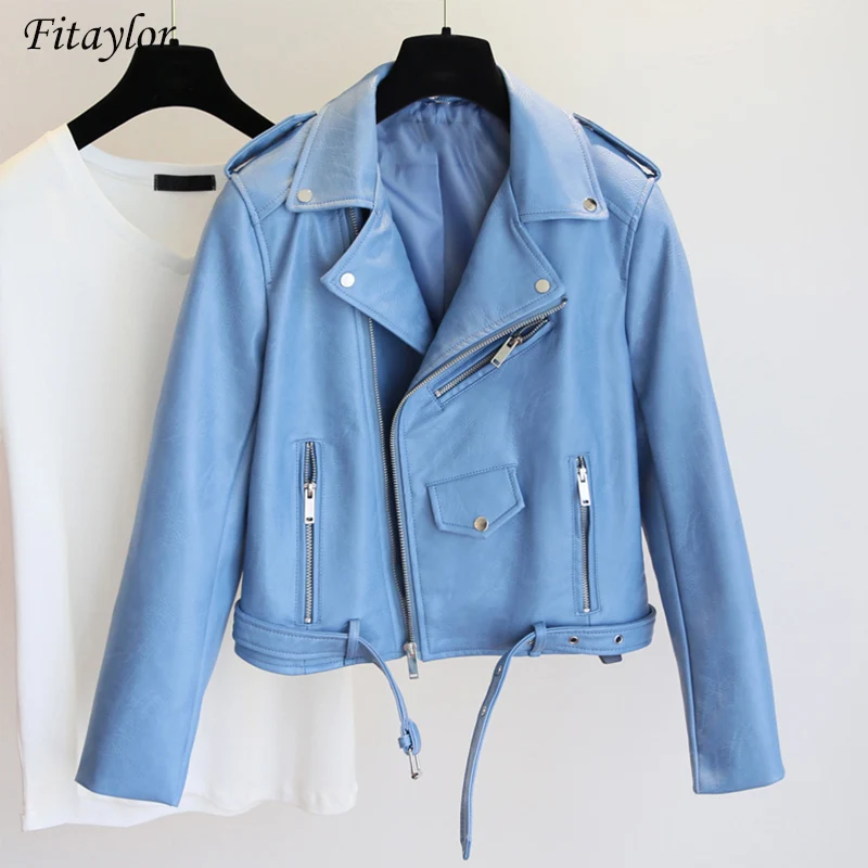 

Fitaylor Pu Leather Jacket Women Fashion Bright Color Black Motorcycle Coats Short Faux Leather Biker Jackets Soft Coat Female