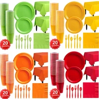 orange green disposable tableware solid color big set plate straws cup napkin birthday party wedding decor outdoor meal supplies
