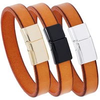 flat glossy genuine leather bracelet punk men jewelry alloy magnetic buckle connector simple fashion wrap bangle jewelry