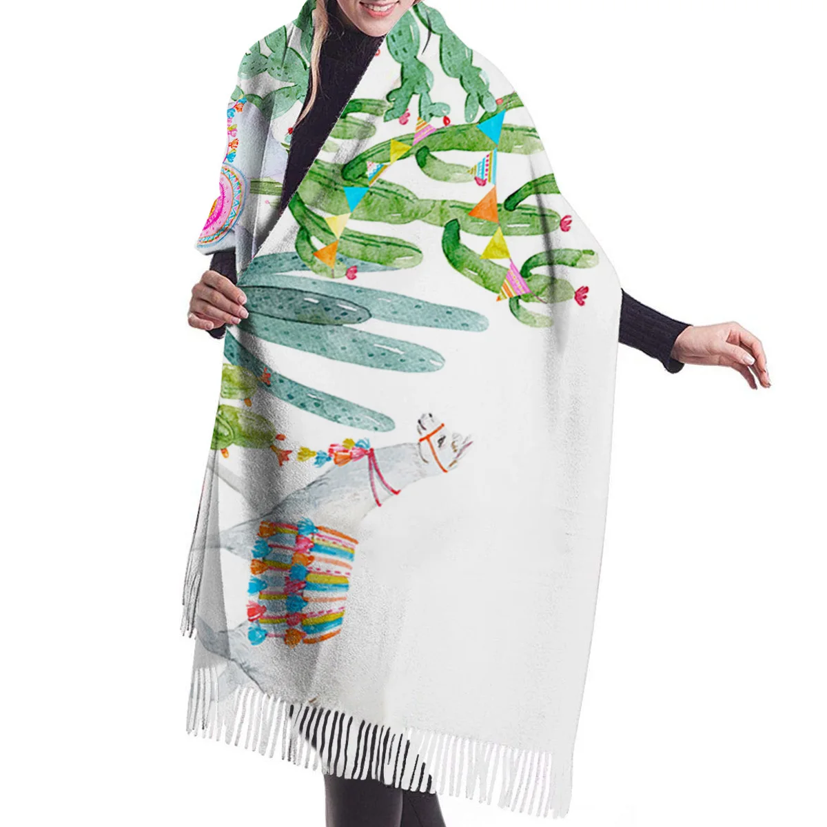 Зимний кашемировый шарф Женский мягкий теплый из пашмины С КАКТУСОМ