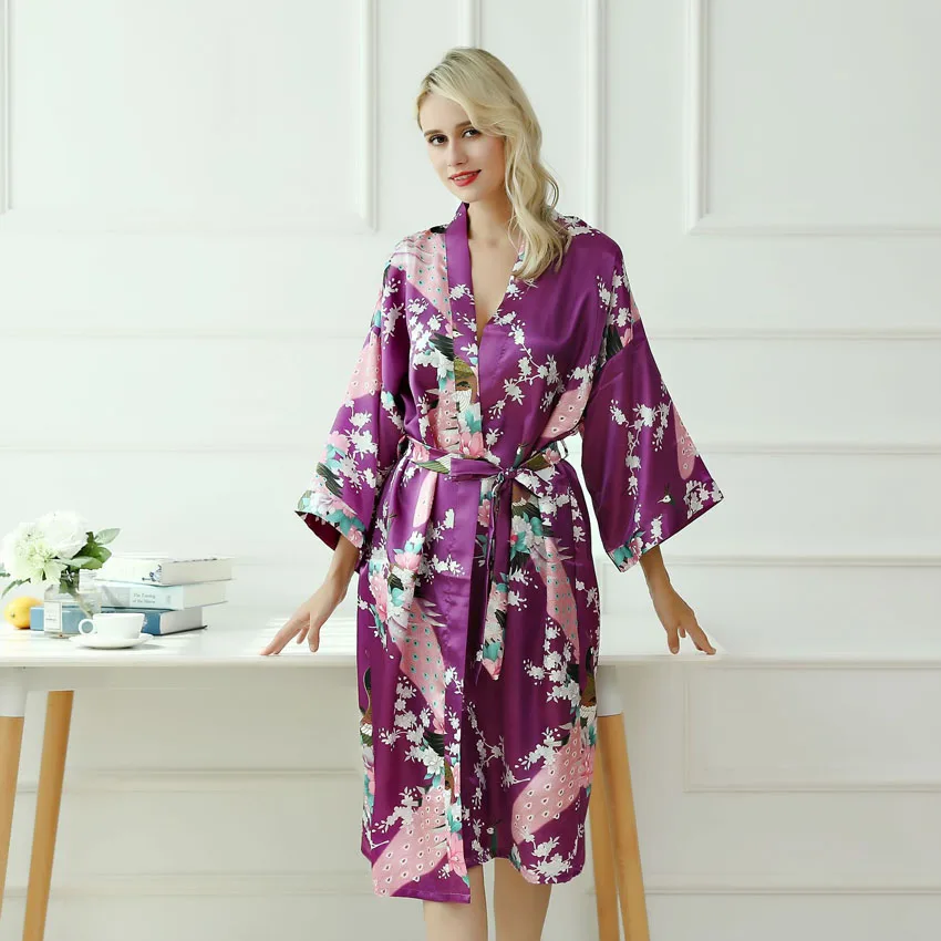 Purple Женские сексуальные костюмы, японское кимоно, юката, платье с поясом, атласный Шелковый кардиган, пижама, одежда для сна, Женский Гладкий купальный Халат - Цвет: Purple