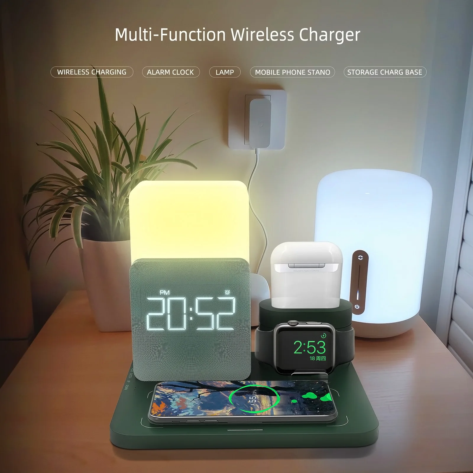 wireless charger 15w mobile phone fast charging desktop stand alarm clock night light desk lamp watch headset charging stand free global shipping