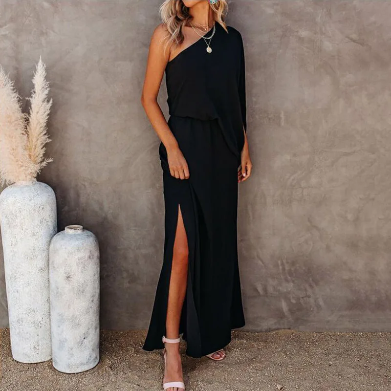

Women Sexy Skew Collar Slit Long Dress Summer Elegant One Shoulder Party Dresses Ladies Casual Fashion Solid Loose Beach Dress