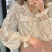 shirts women apricot summer long sleeve all match fashion lace patchwork design tops v neck casual temperament feminino clothes