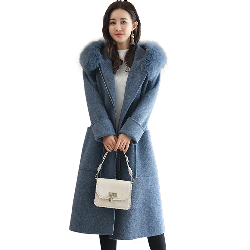 

Winter Woolen Coats Women Jacket New Female Long Desgin Fashion Fur collar Hood Coat Elegant Woman Woolen Coats Winter Clothes