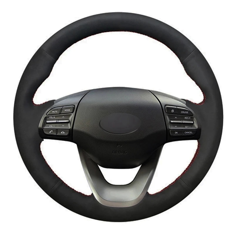 

Black Soft Genuine Leather Suede DIY Hand-stitched Car Steering Wheel Cover For Hyundai Kona 2017 2018 2019