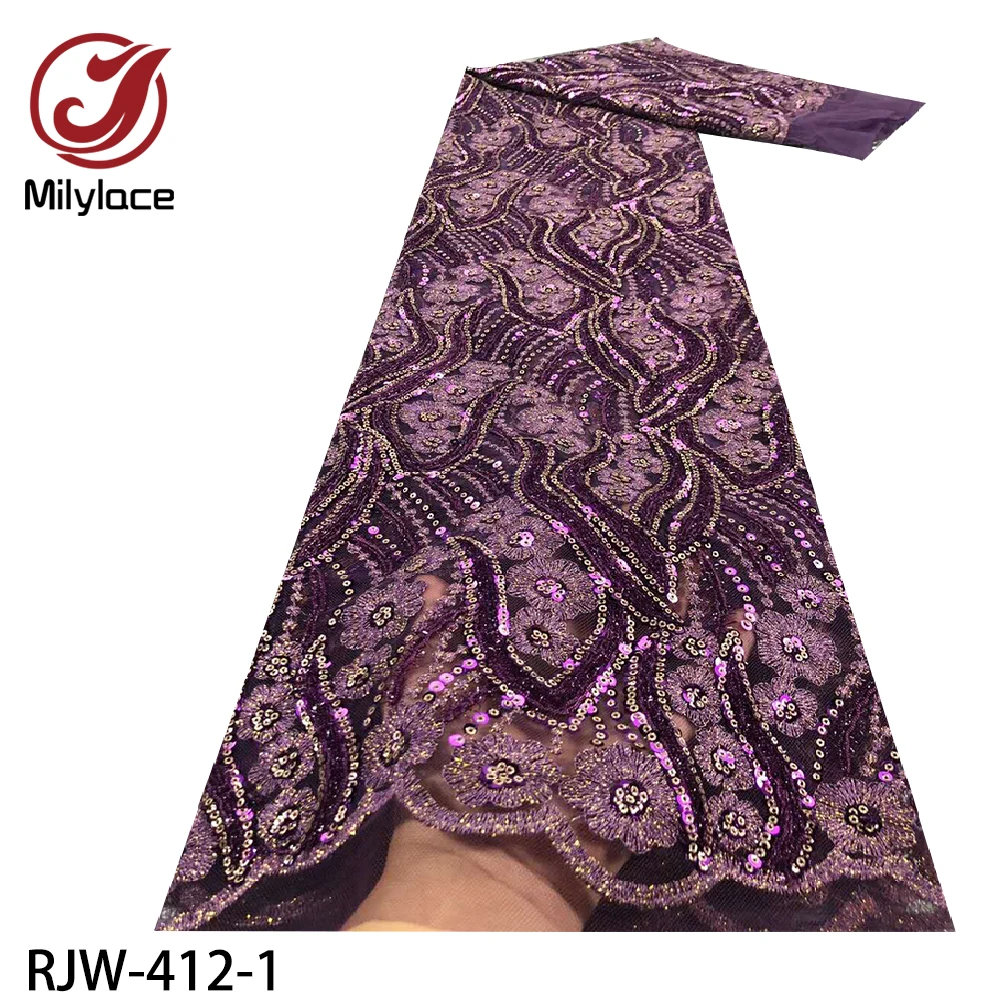 

African French Net Lace Fabric with Sequins High Quality Embroidery Tulle Mesh Sequence Lace for WeddingRJW-412