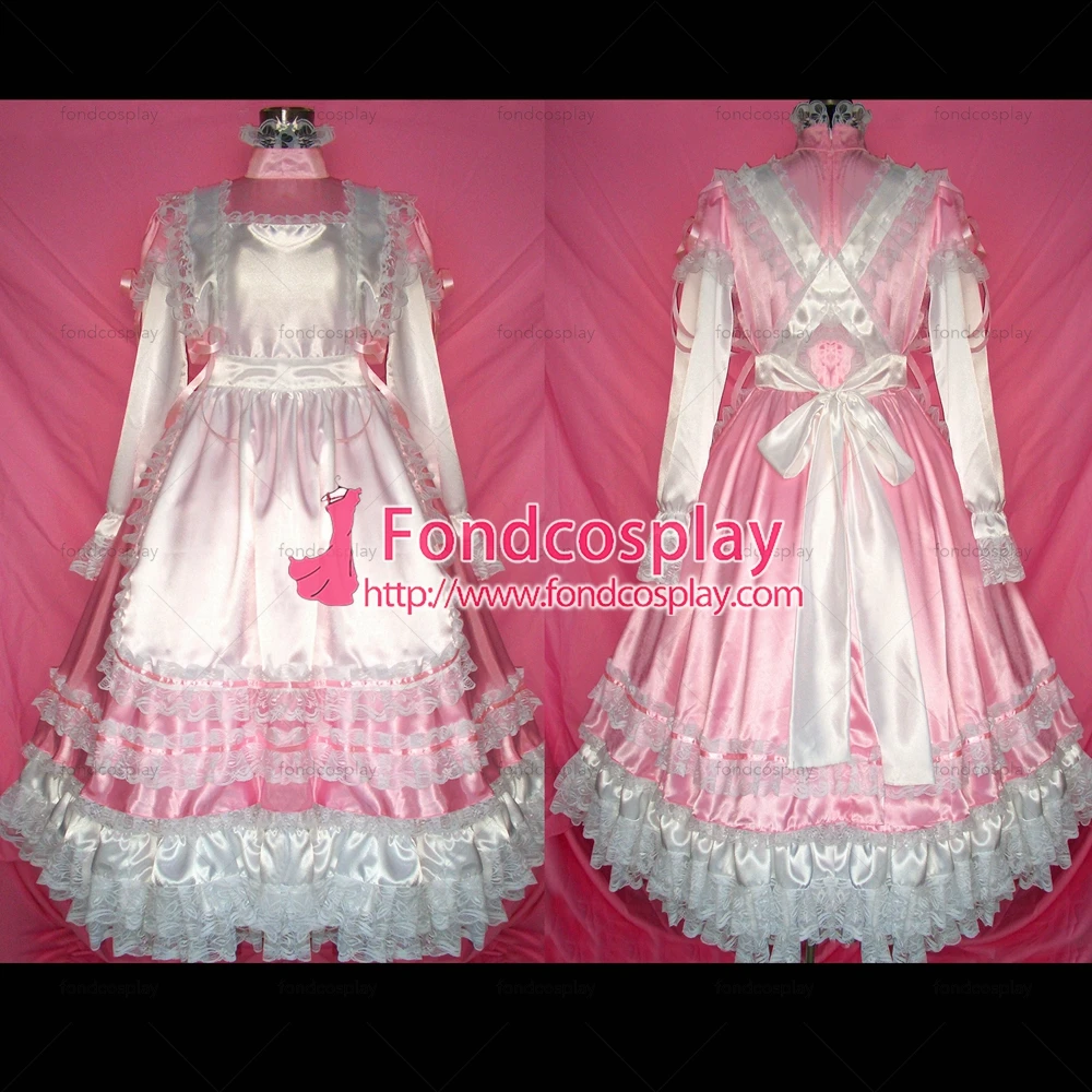 

fondcosplay adult sexy cross dressing sissy maid long Pink Satin Dress Lockable Uniform white apron Costume Tailor-made[G327]