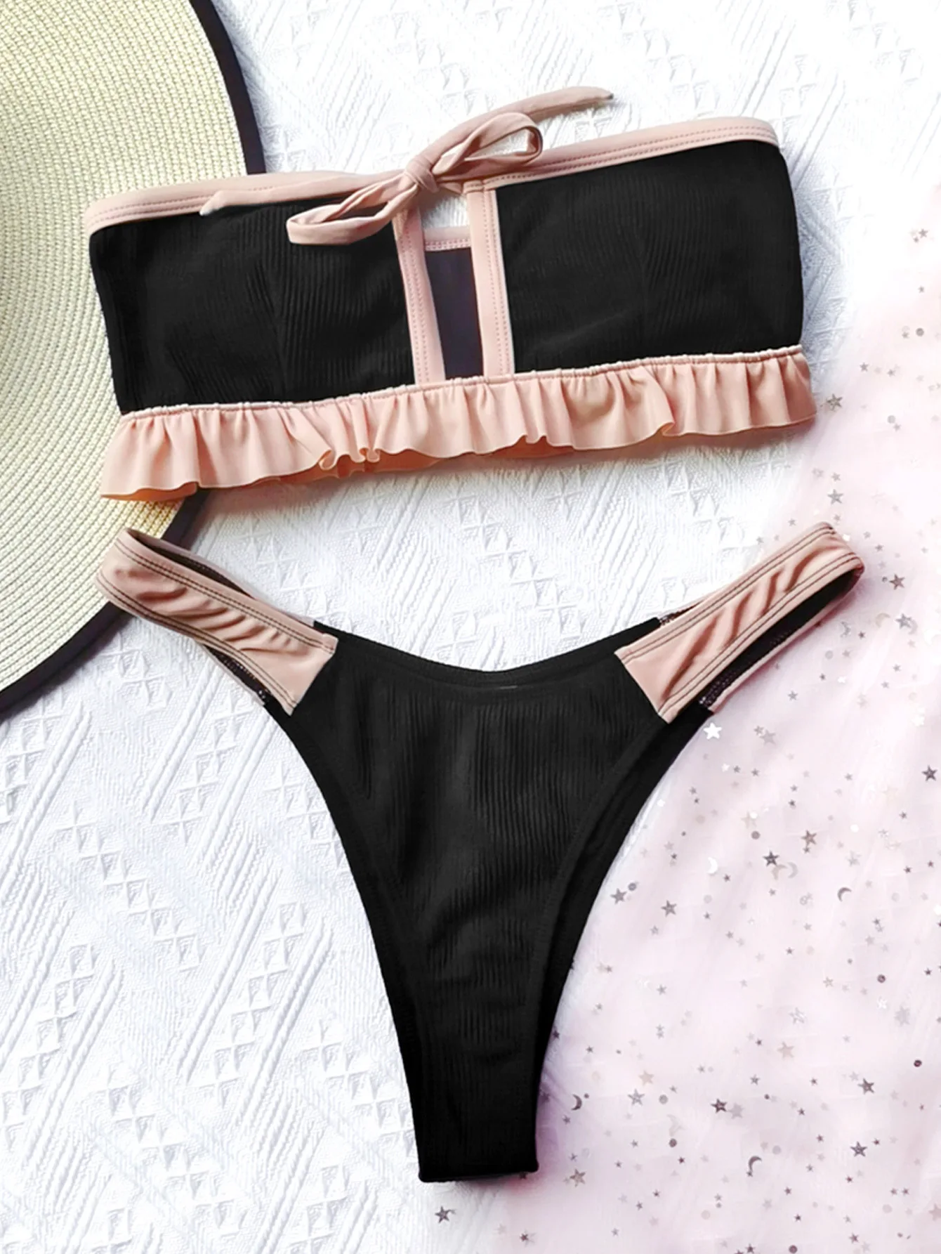 

2021 Fashion New Stitching Strap Split Hollow High Waist Swimsuit Sexy Bikini Two-piece Swimsuit Beachwear
