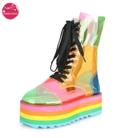 pvc waterproof women transparent ankle boots girls rainbow colorful platform shoes lace up thick sole summer height increasing
