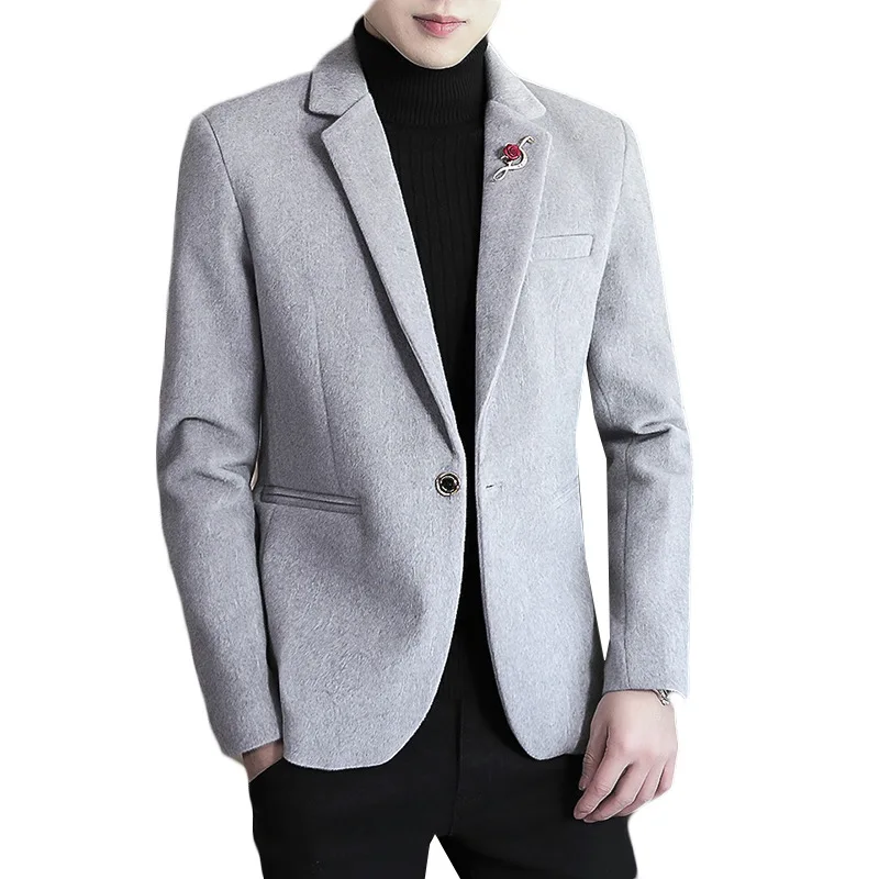 2021 Autumn New Men's Casual Handsome Fleece-Lined Thick Suit Youth Slim Fit Woolen blazer for men | Мужская одежда