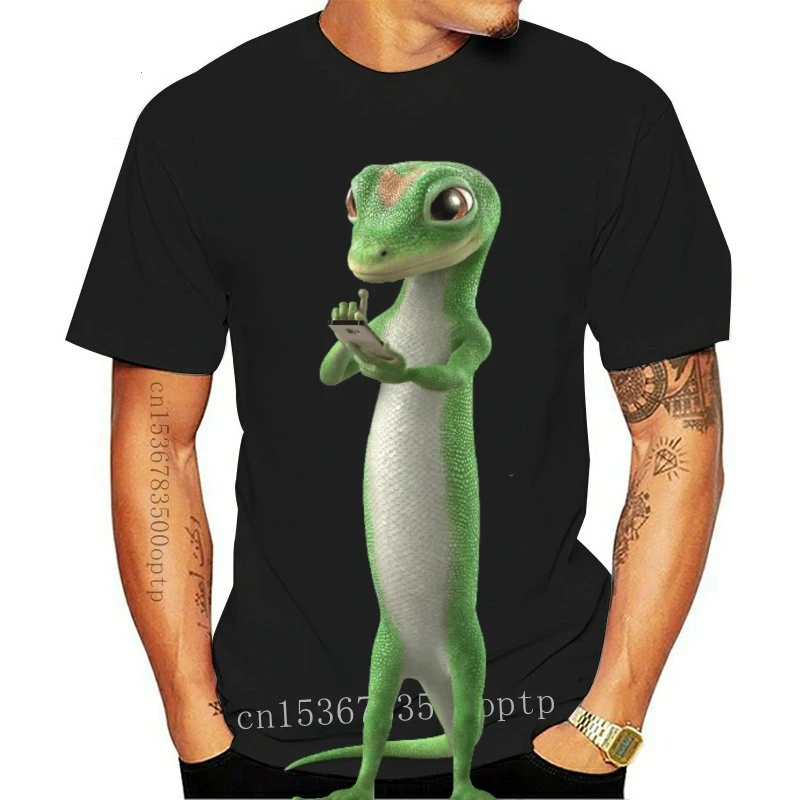 

New Geico Gecko T-Shirt Men Women Funny Black Cotton Tee Vintage Gift For Men Women