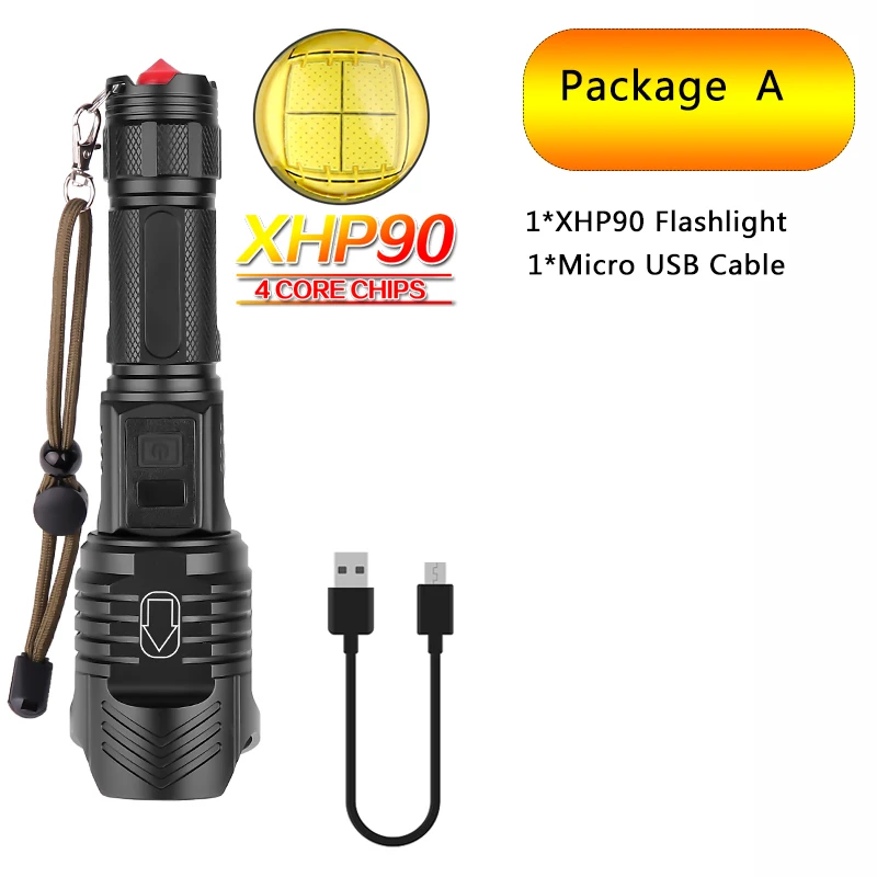 Package A Супер яркий светодиодный фонарь XHP90, перезаряжаемый, водонепроницаемый, фонарь с молотком Безопасности на открытом воздухе, батарея 26650, бесступенчатая лампа с затемнением - Испускаемый цвет: Package A