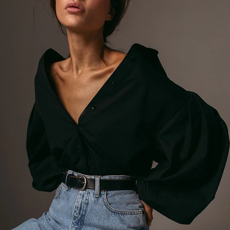 

Lantern Sleeve Elegant Shirt White black Sexy button Vintage blouse Turn Down Collar Office Ladies Shirt Female Casual