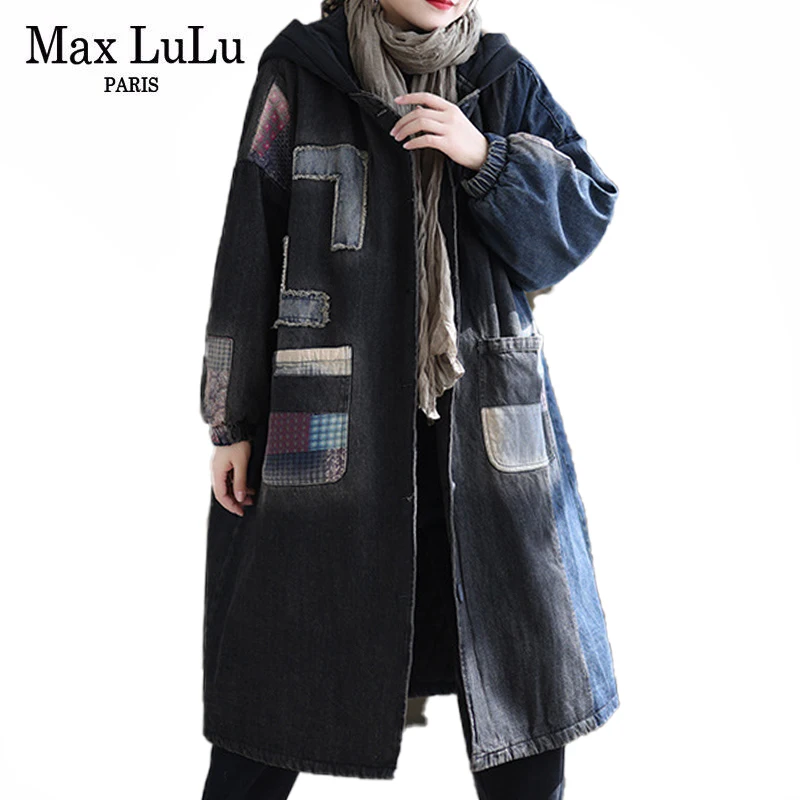 

Max LuLu 2021 Winter Womens Loose Padded Casual Denim Jackets European Style Hooded Design Vintage Clothes Patchwork Long Parkas