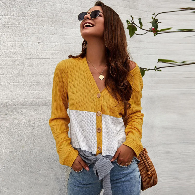 yellow colorblock Женская Осенняя блузка с вафельными пуговицами и бантом спереди, Свободная трикотажная блузка, рубашка, футболки, женские блузы, Новинка осени - Цвет: yellow colorblock