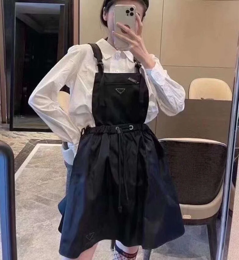 

2021 New Luxury P Brand Style Suspender Dress Women Summer Fashion Retro Casual Elastic Waist Dress Street Women Dress