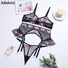 Комплект эротического женского нижнего белья, 3 шт., тонкое прозрачное кружевное нижнее белье с подвязками и белым сердцем