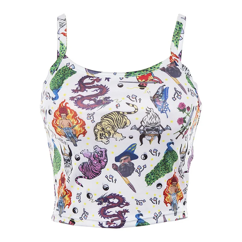 

Summer Women Tank Tops Street Sexy U-Neck Cartoon Pictures Print Sling Slim Vest Sleeveless Top Sling Female Casual Fashion2021