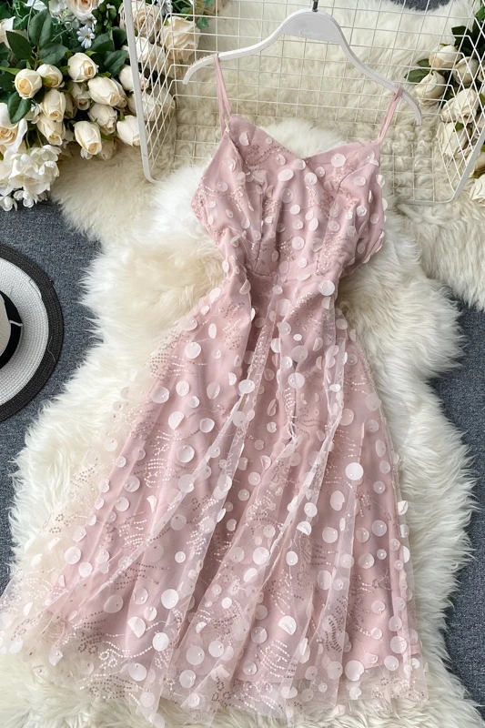 

summer dress 2020 robe femme sweet pink v-neck backless sleeveless polka dot mesh a-line party Spaghetti Strap dress women