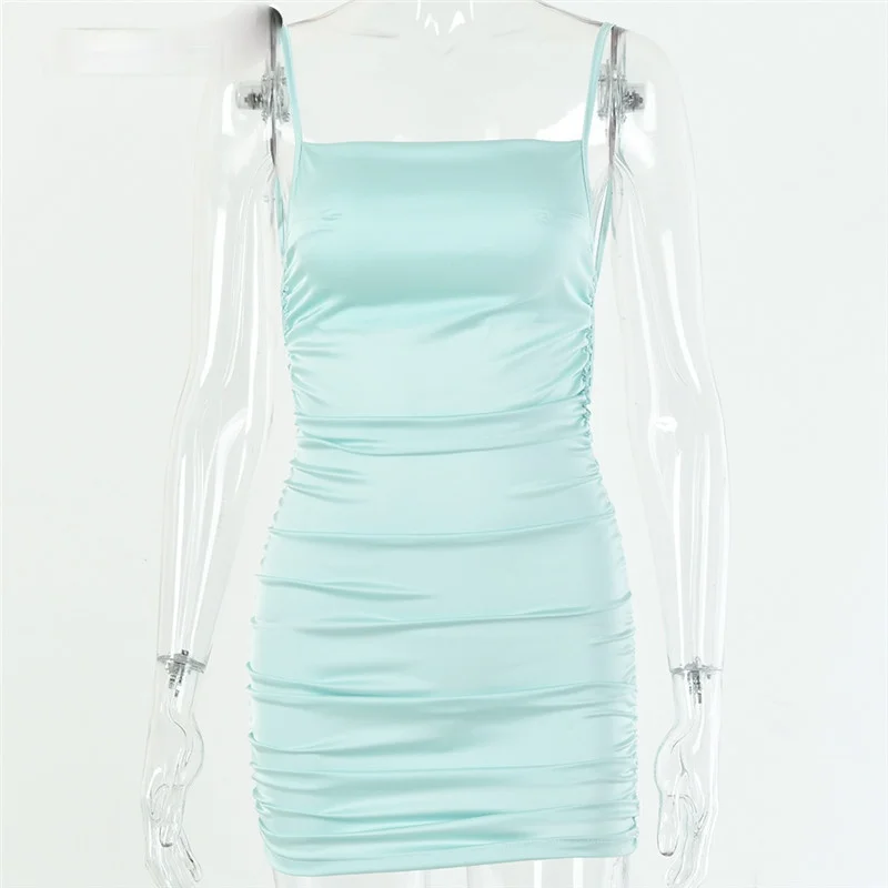 

Articat Spaghetti Strap Mini Satin Dress Women Sexy Backless Cross Bandage Bodycon Party Dress Pleated Stretch Short Club Dress