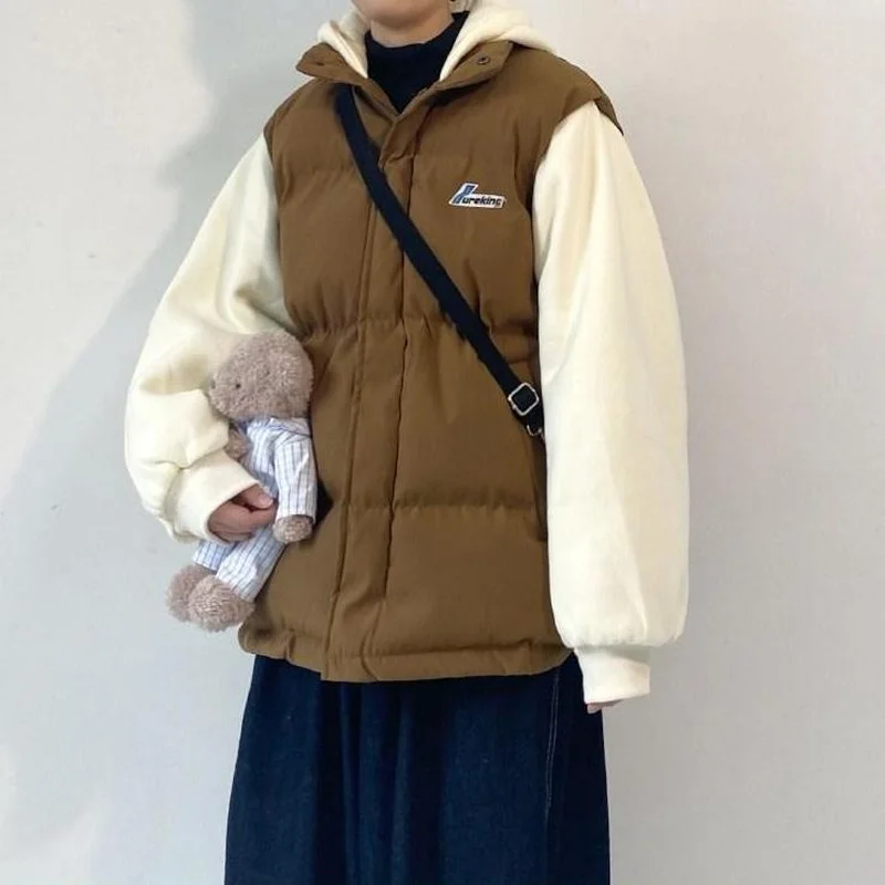 HOUZHOU Men's Padded Winter Jackets for Men Padded Coats Warm Hoodies Black Khaki Casual Korean Streetwear Harajuku Patchwork