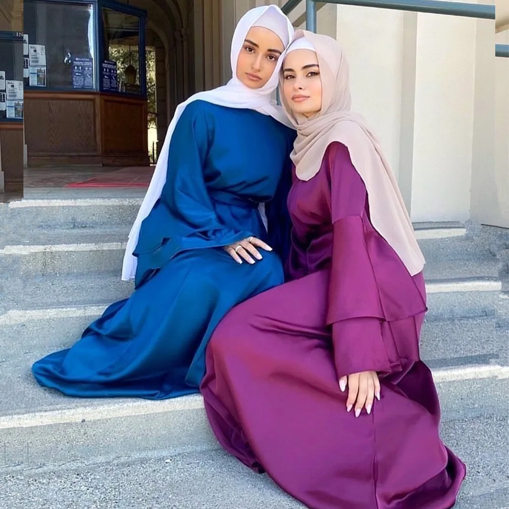 Платье Рамадан ИД абайя для женщин, длинное атласное платье Макси свободного покроя с многослойными расклешенными рукавами, мусульманское ...