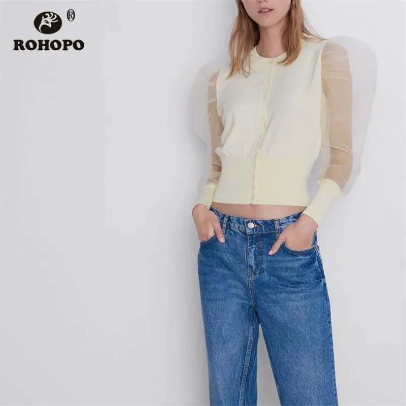 ROHOPO/Осенняя блуза из тюля с пышными рукавами цвет черный желтый однотонный топ