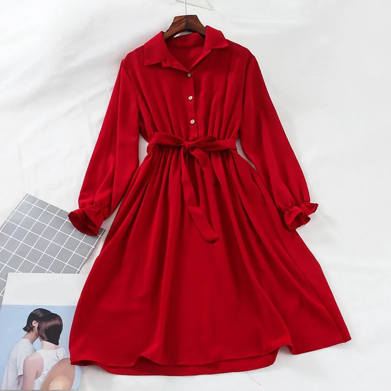 Женское платье с отложным воротником однотонное простое рубашка расклешенными