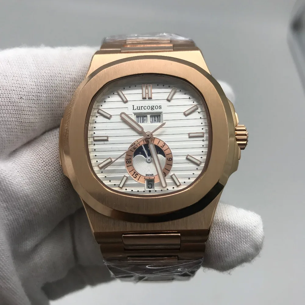 Золотые мужские часы PP с белым циферблатом автоматическое скольжение секундная