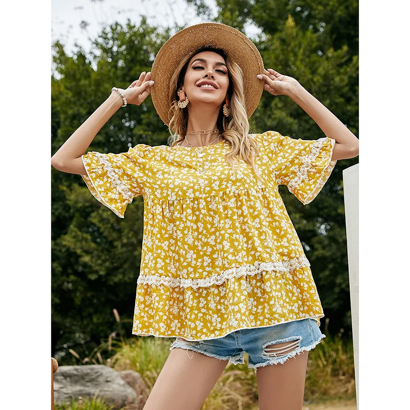 

Summer Fashion New Ladies Floral Print Yellow Shirt Round Neck A-shaped Hedging Short-sleeved T-shirt Casual Sweet Loose Style