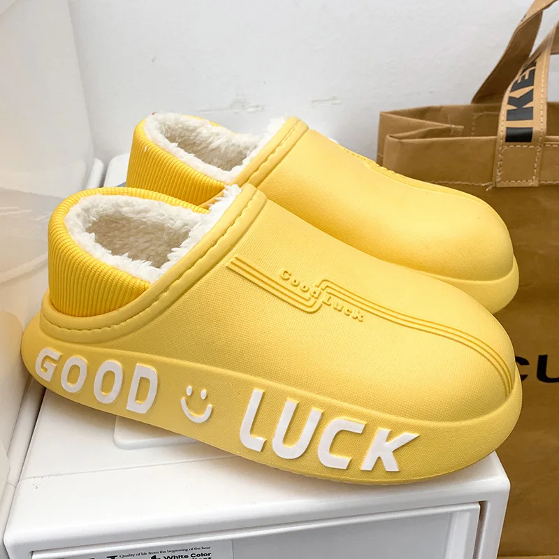 New Warm Plush Winter Women Cotton Slippers Waterproof Thick Sole Non-Slip Solid Couple Shoes Fashion Cozy Men House Slipper