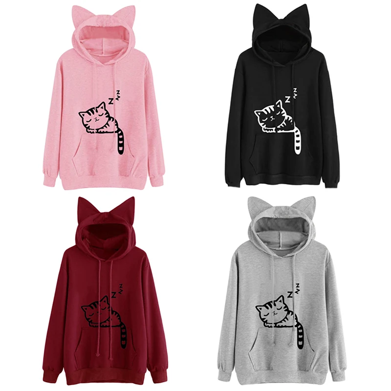 

online trend Cat ears Hoodies Harajuku Cute Women Sweatshirts Kawaii Cat pattern Spring Autumn Pullovers Print Girls Clothes