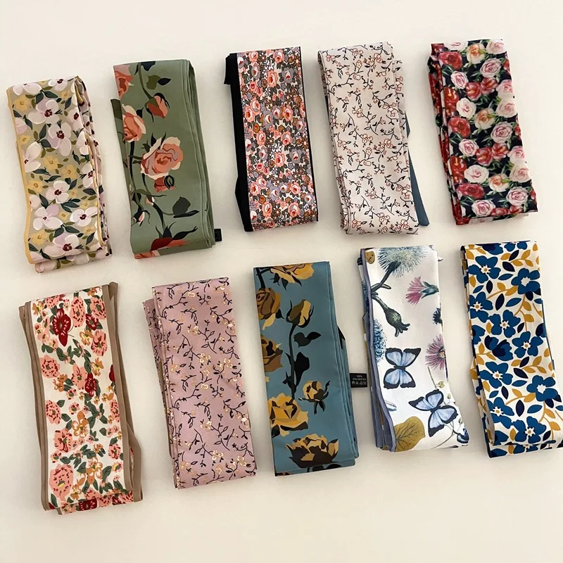 

Narrow Long Small Scarf DIY Print Satin Bag Wrist Ribbon Hair Band Hair Scarves Silk Satin Hair Ribbons floral Neck Hats Scarf
