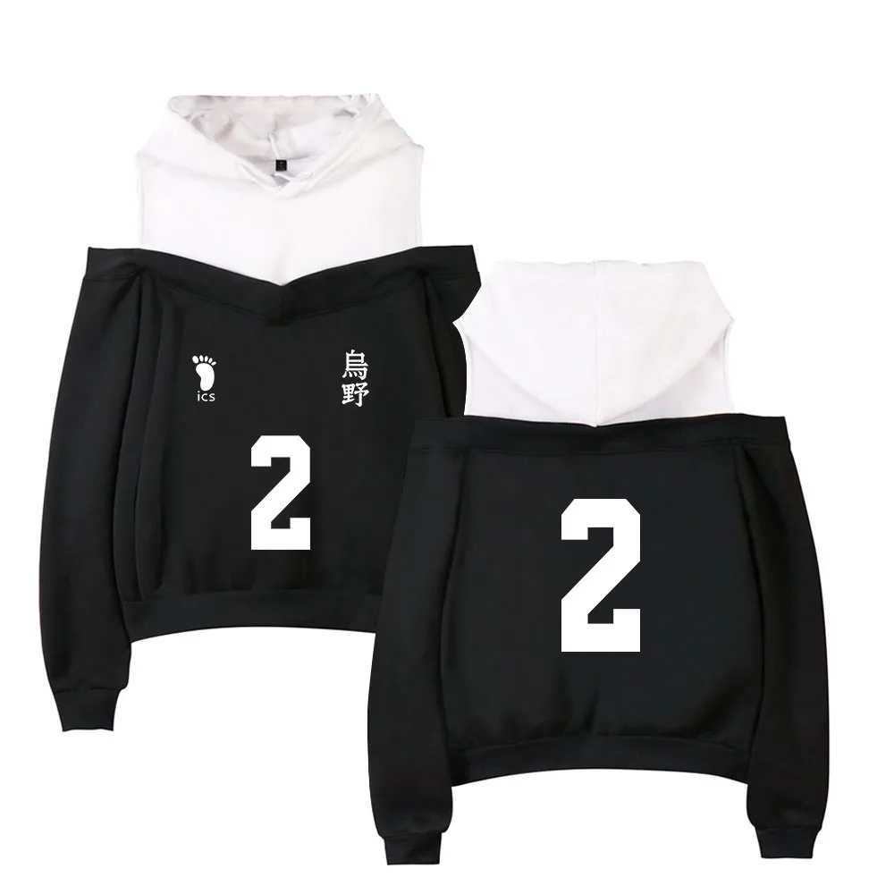 

Anime Haikyuu Women Hoodies Sweatshirts Karasuno High School Volleyball Club Long Sleeve Sexy Off Shoulder Fleece Hooded Hoody