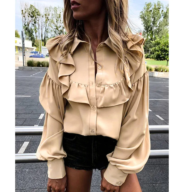 

Ordifree 2021 Autumn Women Ruffle Shirt Blouse Long Sleeve Streetwear Casual Female Shirt Tops