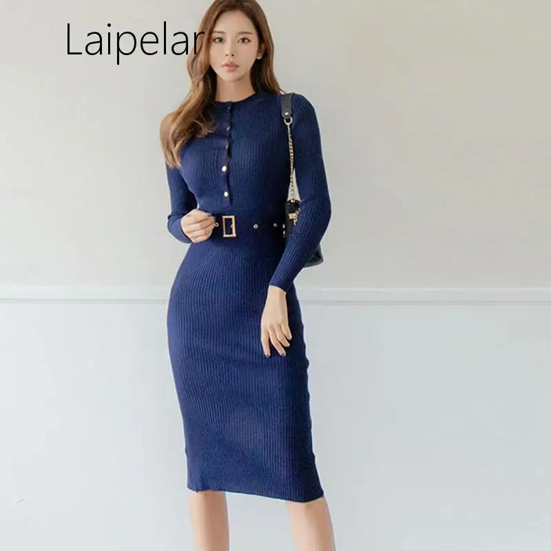 

Laipelar Elegant Single Breasted Women Sweater Dress O-neck Full Sleeve Sashes Stretch Vestidos Female Knee-length Knitted Dress