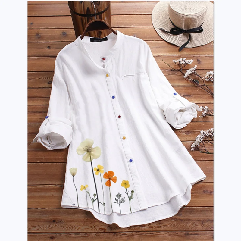 

2021 new large size long-sleeved shirt fashion women's stand-up collar printing color button loose casual shirt