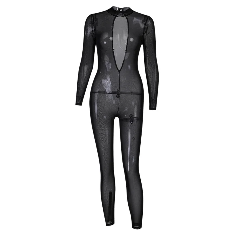 

Sexy Mesh Jumpsuit For Womens Black Backless Casual Pant 2021 New Pattern Tights Fashion Solid Color High Cold Slim Body Suit