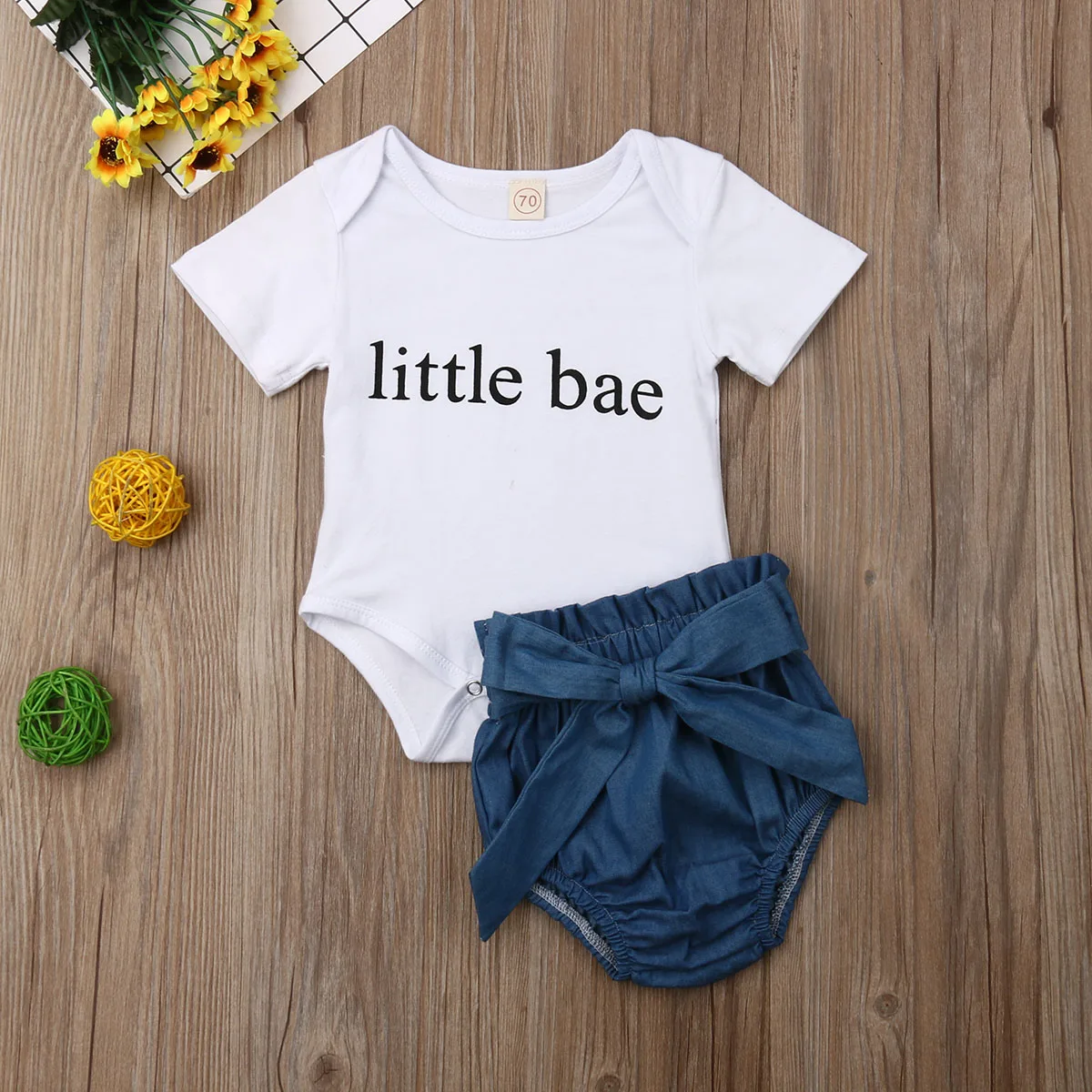 Одежда для новорожденных девочек; боди с короткими рукавами и принтом «Little Bae»; джинсовые шорты; повседневная одежда