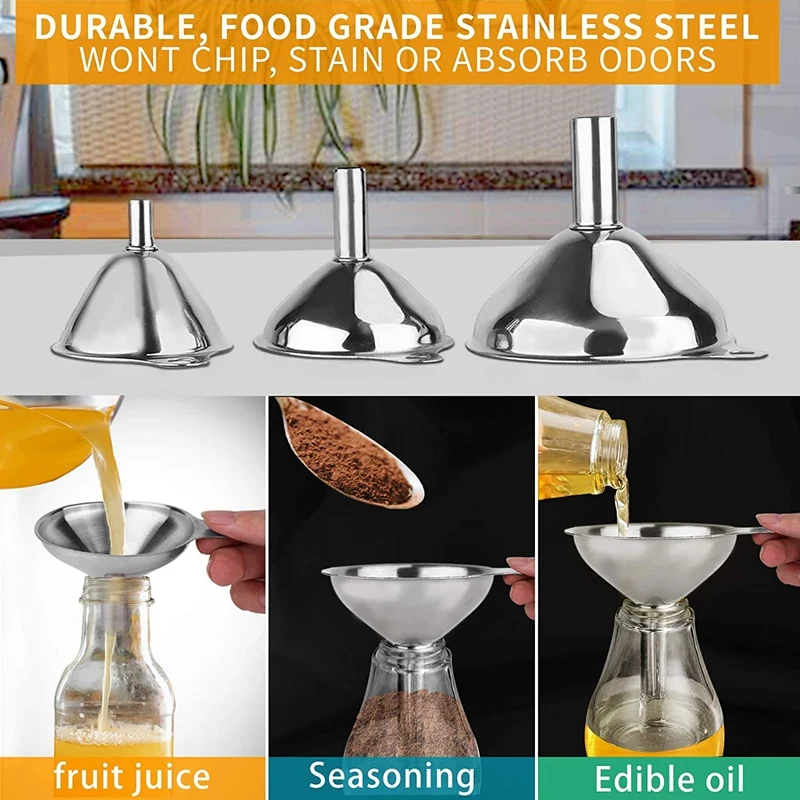 

3 Pack Stainless Steel Funnels Set for Kitchen Use Filling Bottles Liquor Flask Tiny Spice Cooking Powder Water