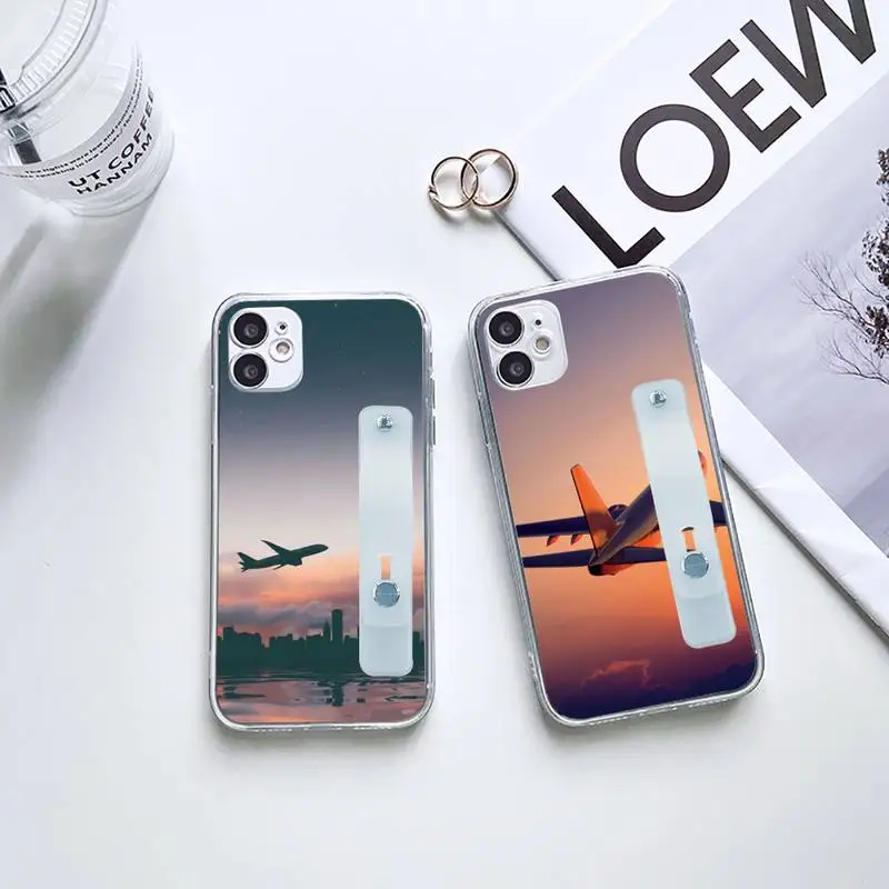 

Airplane on the sunset sky Phone Case Wrist Strap For iPhone 7 8 11 12 X XS XR MINI Pro Max Plus Hand Band Transparent Clear