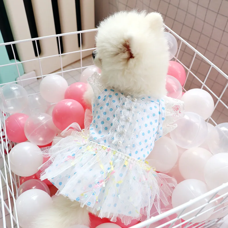

Dog Dress Ruffle Tulle Dots Dresses Bead Lace Mini Sundress Small/Medium Pets Teddy Dogs Polka Dot Birthday Wedding Formal Dress